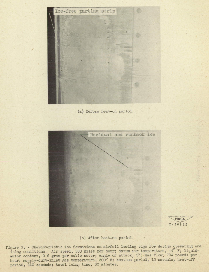 Figure 3. Characteristic ice formations on airfoil leading edge for design operating and 
icing conditions. Air speed, 280 miles per hour; datum air temperature, 
-4 F; liquid-water content, 0.6 gram per cubic meter; angle of attack, 
5 degrees; gas flow, 794 pounds per 
hour; supply-duct-inlet gas temperature, 500 F; heat-on period, 15 seconds; heat-off 
period, 260 seconds; total icing time, 30 minutes.